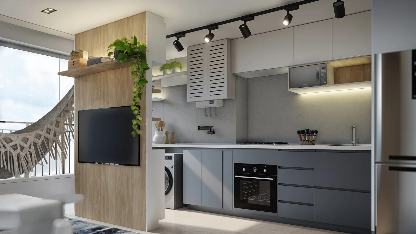 Cozinha do Projeto BG com painel de TV em madeira