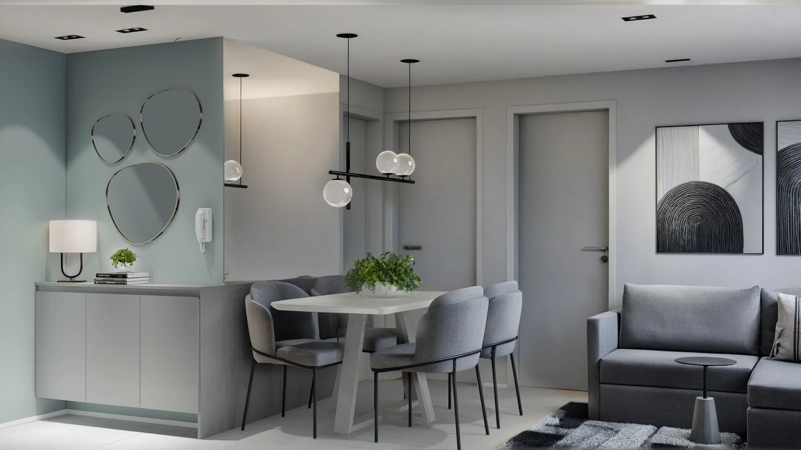 Sala de jantar do Projeto GG com parede de espelhos orgânicos