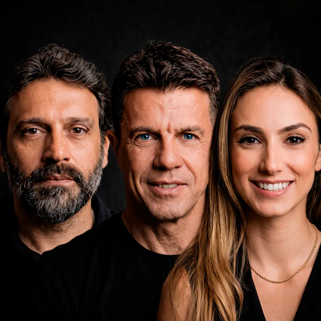 Alexandre Rolim, Adriano Medeiros e Fernanda Bortoli, sócios do escritório, lado a lado sobre fundo escuro